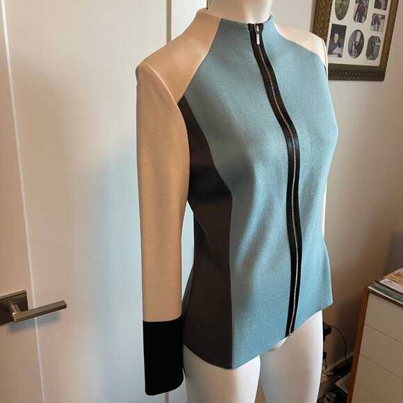 St. John Colorblock Full Zip Wool Rayon Knit Cardigan Blue Cream Grey Blk Sz 4 - Picture 4 of 12